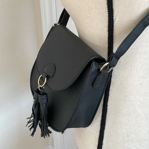 NWT| Vegan Leather Black Tassel Crossbody Bag | Color: Black with Gold H… - Picture 3 of 9